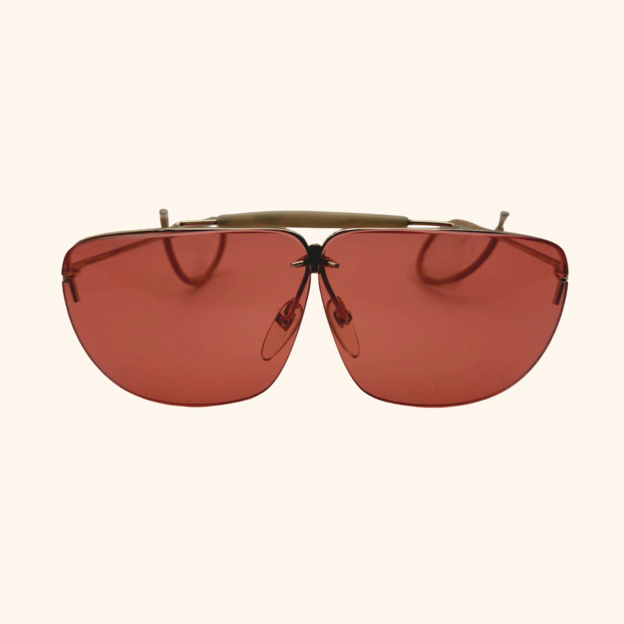 Modular Japanese sunglasses with gold-tone frame and pink/yellow lenses